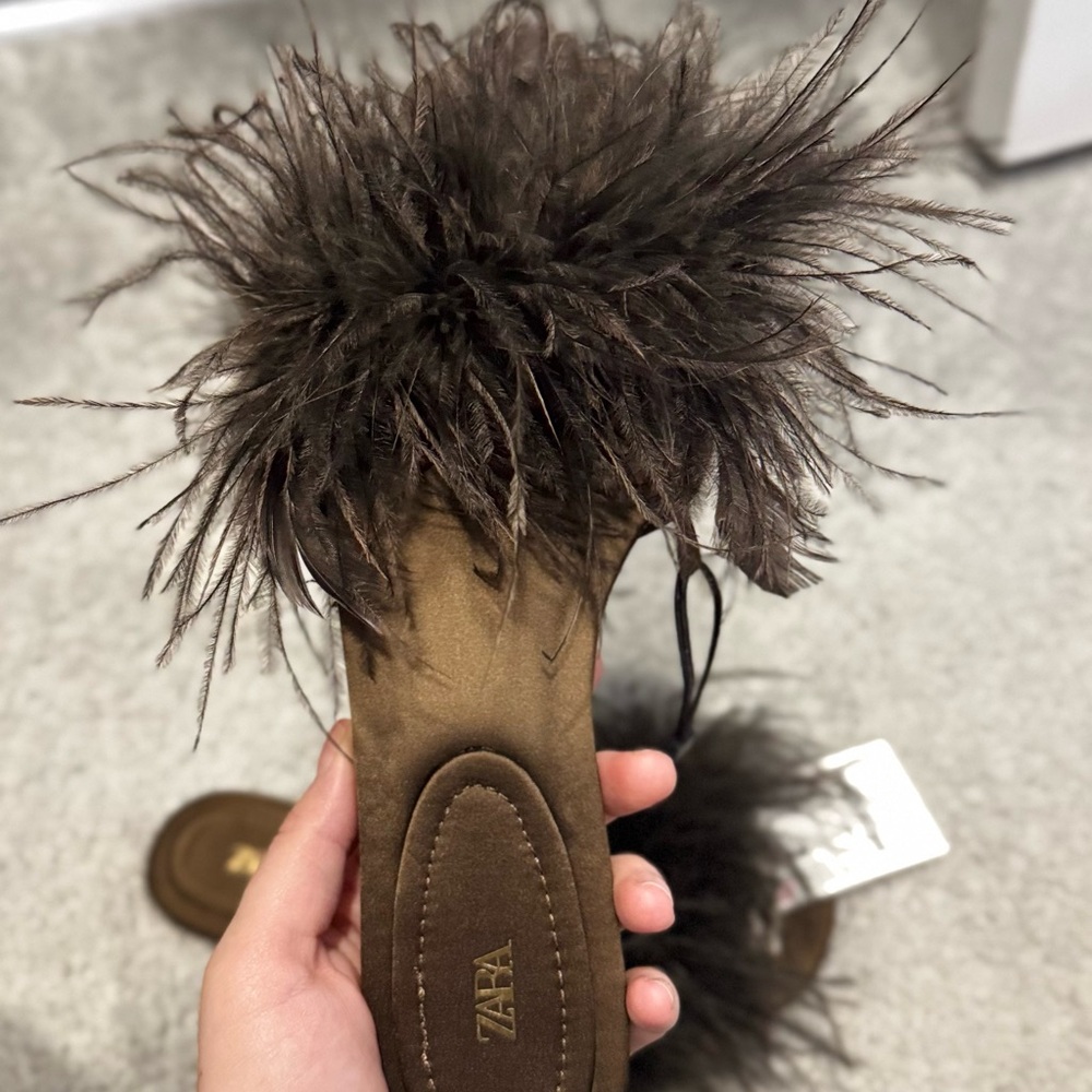 Zara Dark Brown Feather Slide Mules